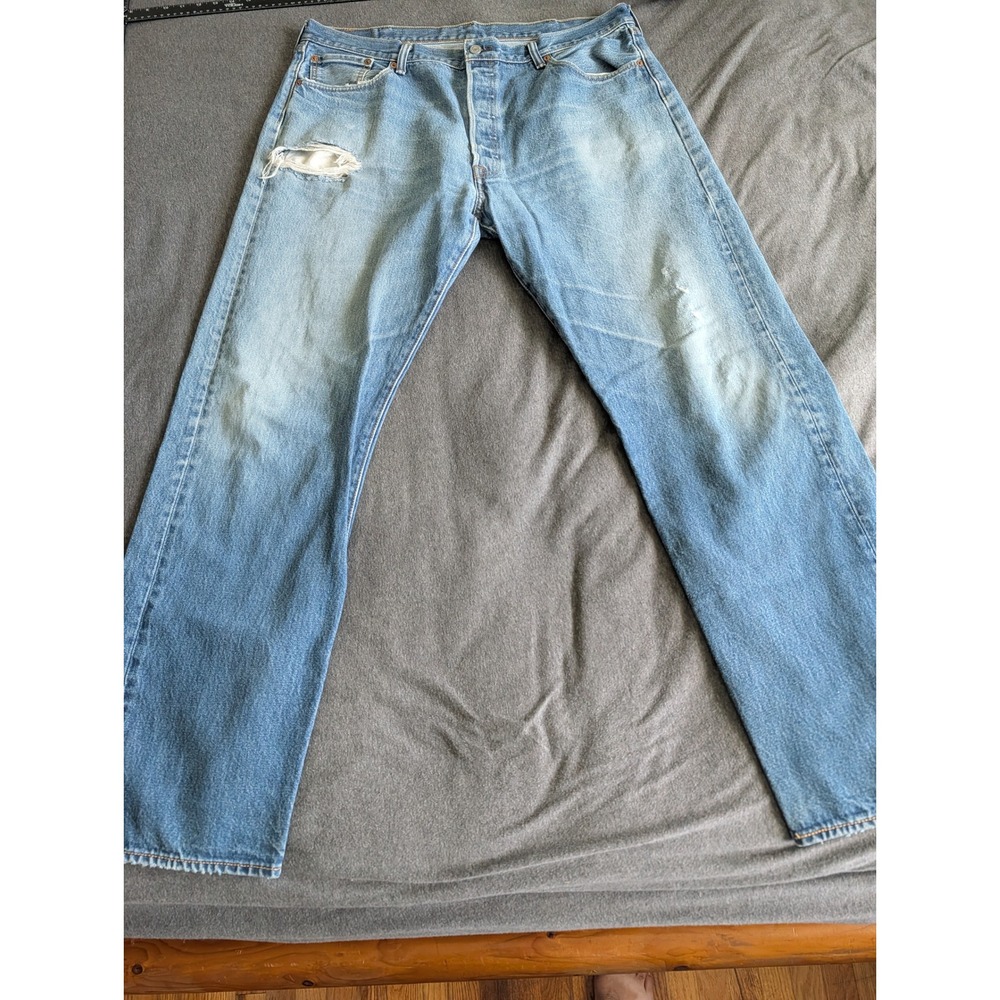 Levis 501 Original Fit Button Fly Light Wash Distressed Jeans 42x36 (Fits 41x32)